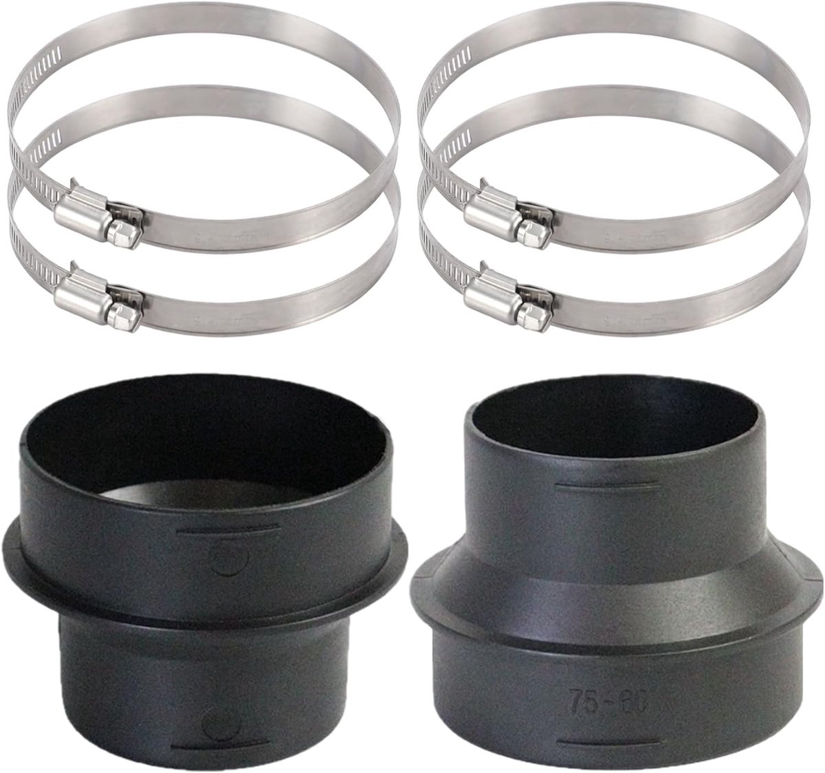 SnelShoppen - Pipe Connectors Set van 2, 60-75 mm Verbindingsstukken voor Verwarmingsuitlaat, ABS Adapterbuis met 4 Klemmen voor Ventilator Verwarmers