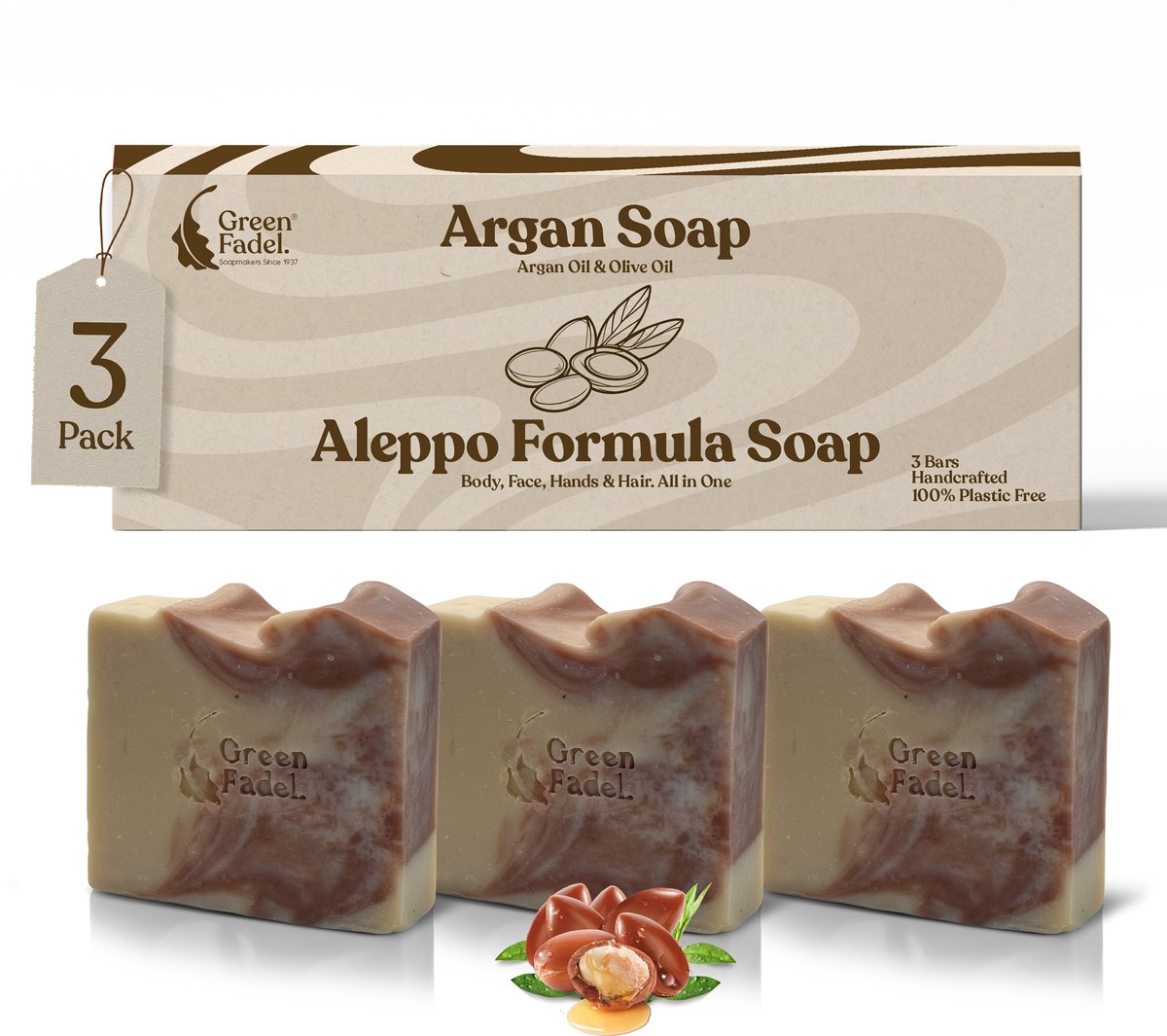 GREEN FADEL Aleppo Formula Zeep Olijfolie en Arganolie 3x ca. 100 g - Alles-in-één zeep voor gezicht lichaam handen en haar - Handgemaakt - Plasticvrij verpakt