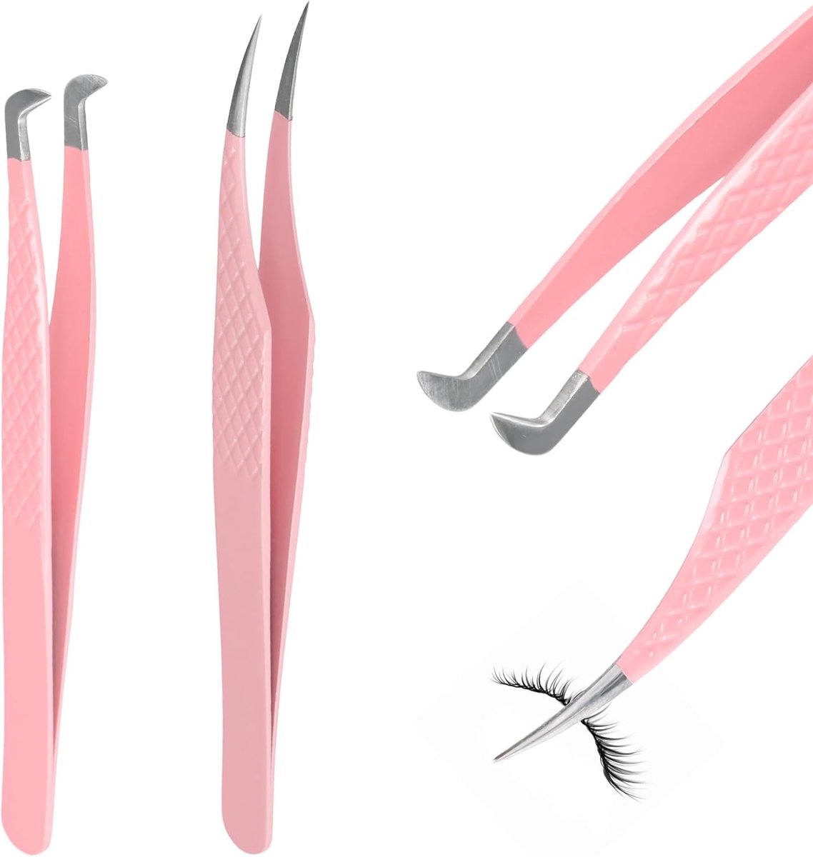 SnelShoppen - 2Pcs Wimperpincet Set Professionele Precisie Pincet voor Wimperextensions, Rvs met Beschermende Caps, 90 Graden en Dolfijnpunt - Perfect