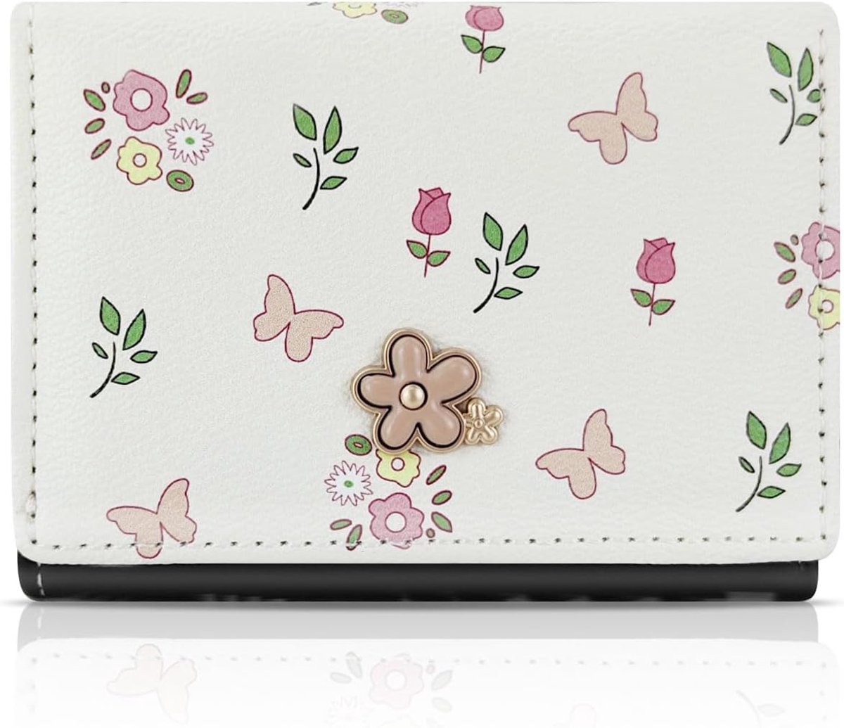 SnelShoppen - Schattige Kleine Portemonnee met Bloemenknop en Vlindersprint, Elegante PU Portemonnee voor Vrouwen, Met ID Raam voor Reizen en Winkelen