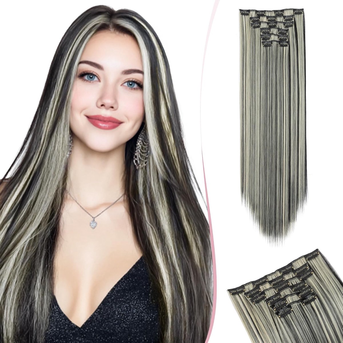 SnelShoppen - 6 Stuks Clip-in Haarverlengingen 60 cm, Natuurlijk Uiterlijk, Hittebestendige Synthetische Vezel, 16 Clips, Perfect voor Feestelijke Gel