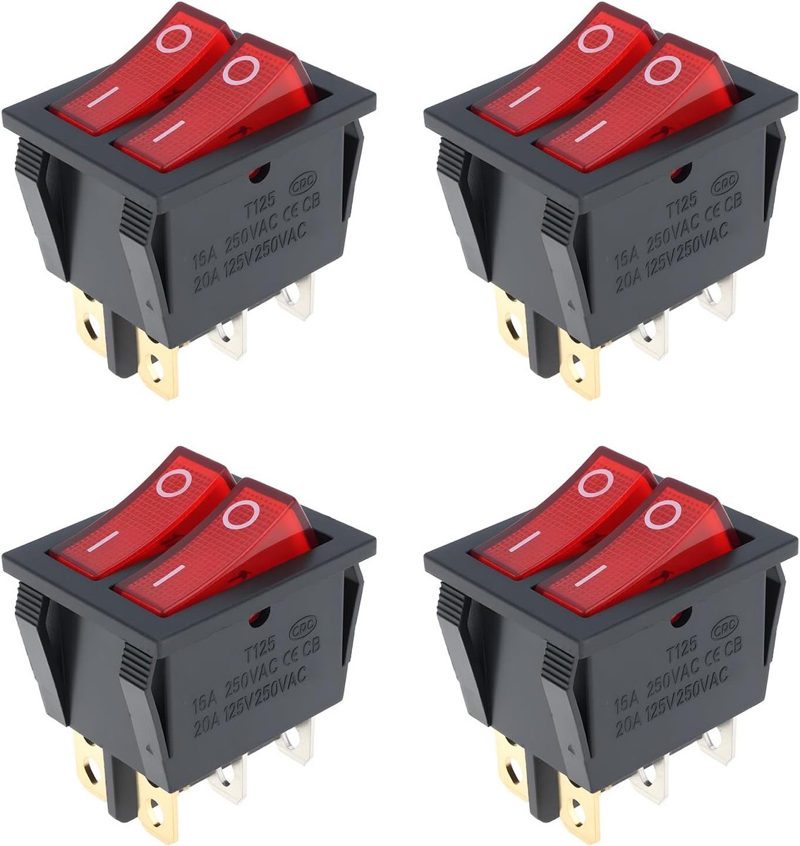 SnelShoppen - 4x Dubbele Aan-uit Rechthoekige Schakelaar met Rode LED Indicator 230V 16A voor Onafhankelijke Circuitbediening