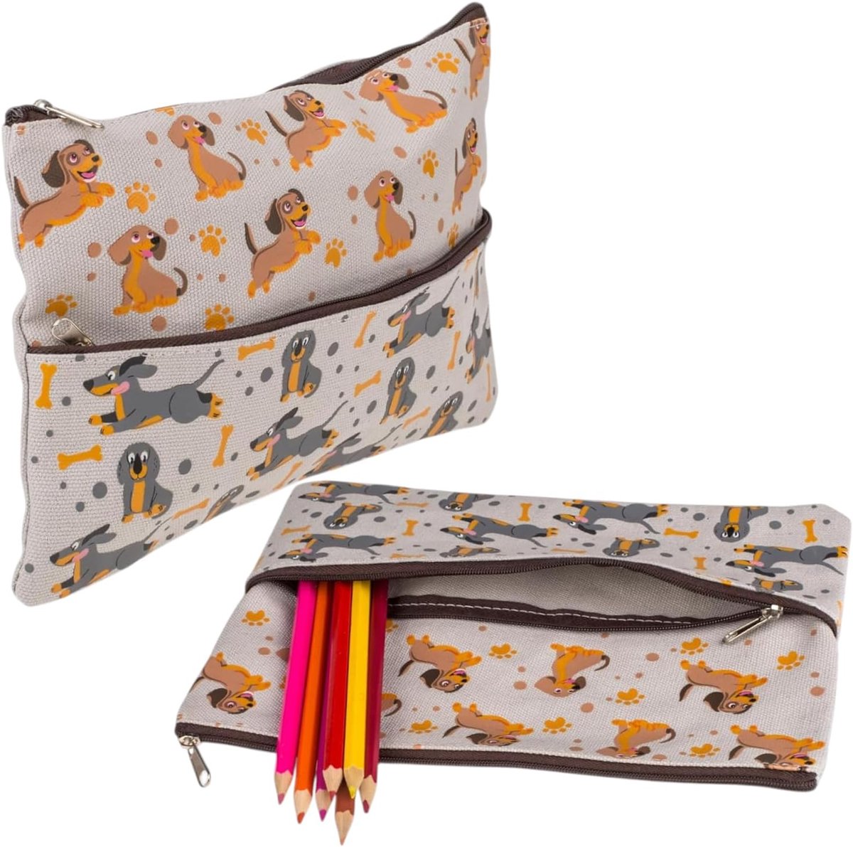 SnelShoppen - Schrijfgerei Etui met Hondenpatroon, 2 Ritsvakken, 23.5 x 15 cm, Pennenhouder, Cosmetica Tas, Organizer, 100% Polyester, Robuust en Eenv