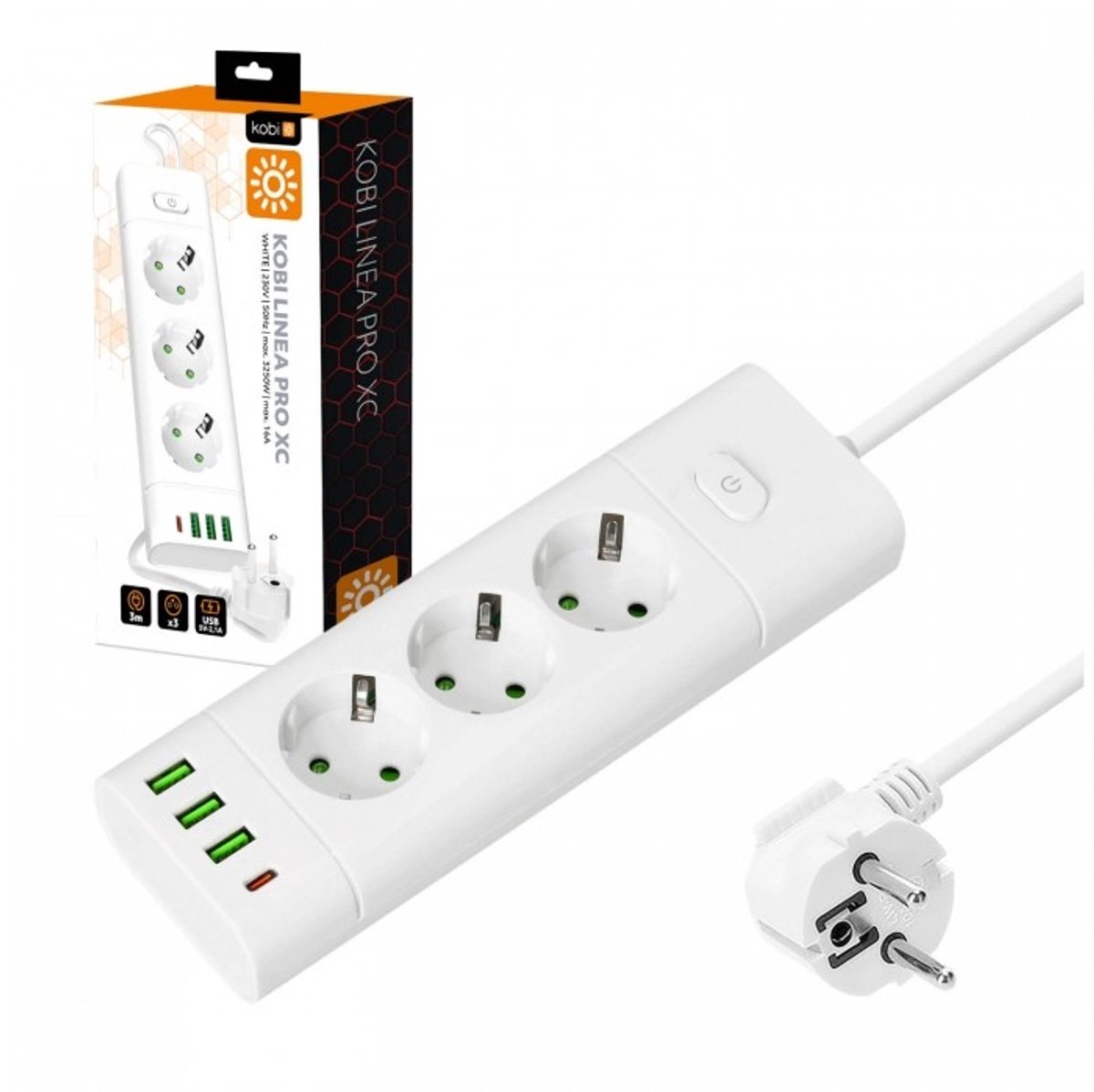 Kobi LINEA PRO XC stekkerdoos met 3 stopcontacten - 3x USB-A en USB-C - 3 meter - wit | Max 3250 watt