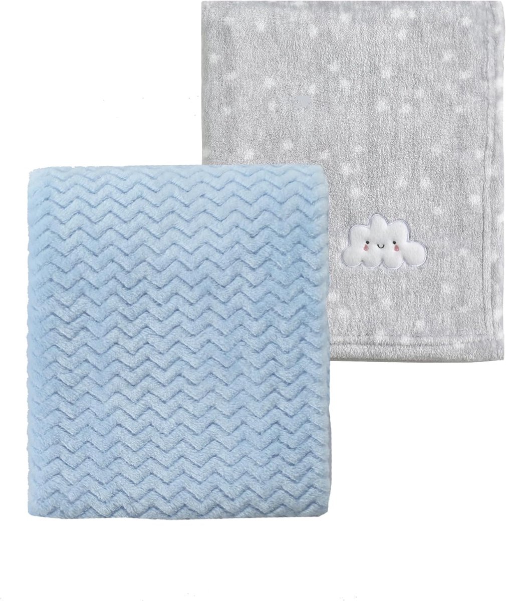 SnelShoppen - 2Pcs 75cm x 100cm Schattige Gezellige Fluffy Warme Baby Dekens voor Baby's Peuters Beddengoed Wieg Kinderwagen - Grijze Wolken + Golf Bl