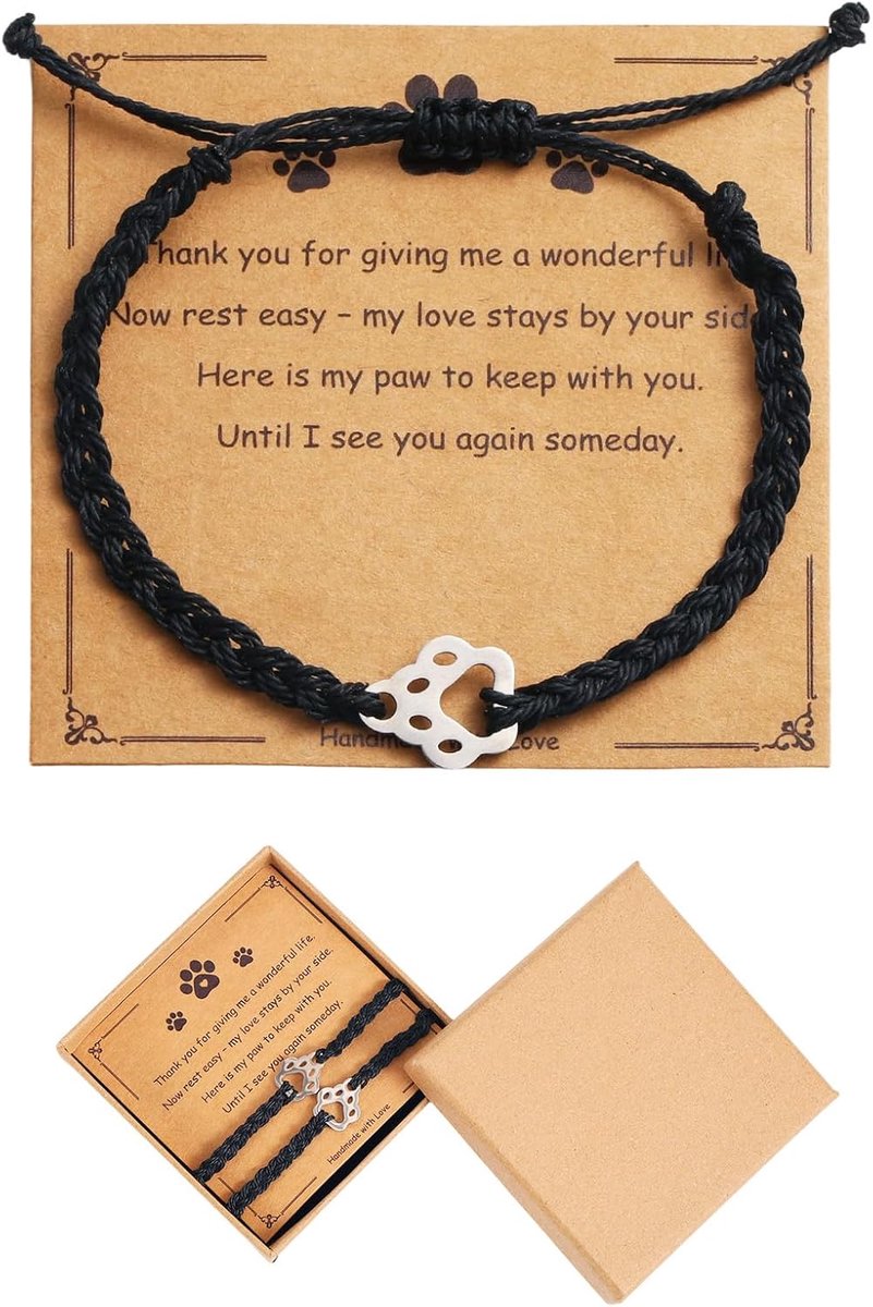 SnelShoppen - 2stuks Dierenherinneringsarmbanden, Verstelbare Nylon Pootafdruk Mededogen Armband met Kaart voor Verlies van Hond of Kat, Zwart