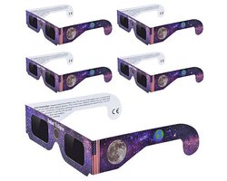 Eclipsbril - Solar Eclipse Glasses - 5 stuks - Kartonnen diffractie spacebrillen - Zonsverduistering - Festival bril - Dames - Heren - Veilig Solar UV & IR Filter Brilopzetstuk - Voor Eclips - Stijl 1