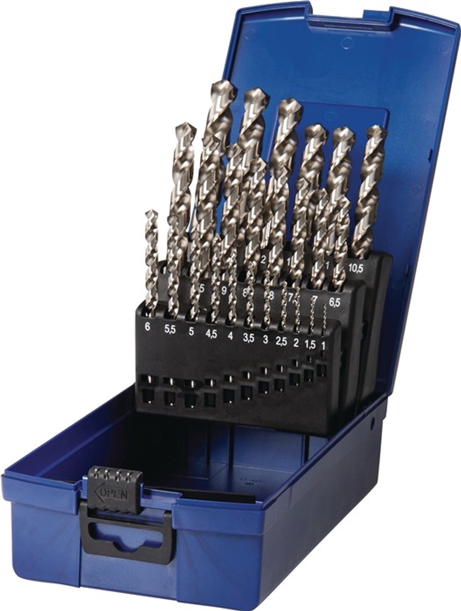 Spiraalboorset DIN 338 Type UNI D.1-13x0,5mm HSS-Co 25-delig.Kunststof cassette TECWERK