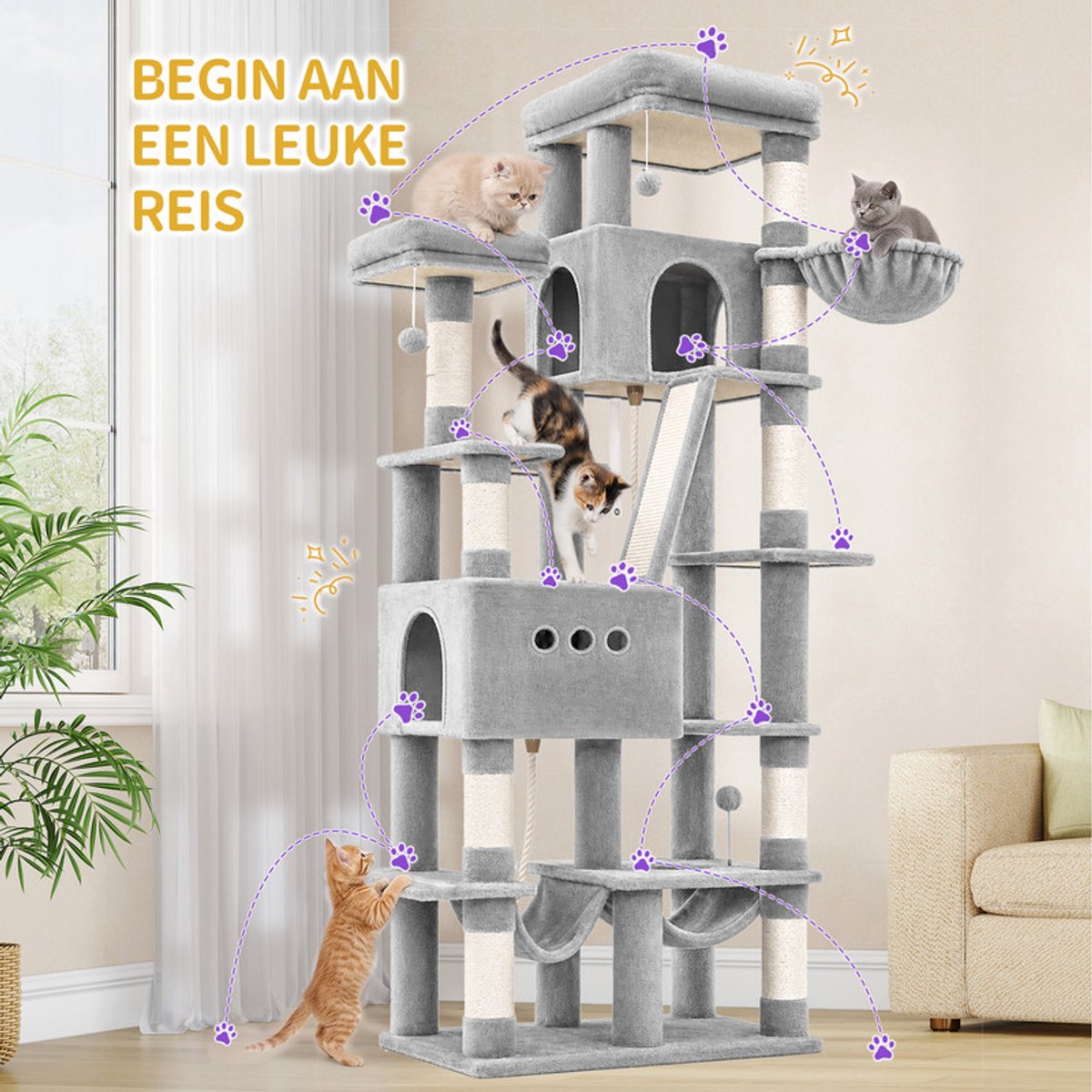 Hzuaneri Krabpaal, 201 cm XXL Krabpaal met 9 krabpalen, 2 holen, 2 hangmatten, groot platform, sisaltouw, mand, robuuste krabpaal voor Maine Coons en grote katten, lichtgrijs thumbnail 3