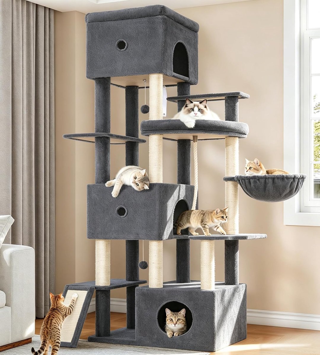 Hzuaneri Grote Kattenkrabpaal XXL, 200 cm, Donkergrijs,3 Holtes, 7 Sisal Krabpalen, Krabplank, Hangmand, Pompons, Sisaltouw, Geschikt Voor Binnenkatten