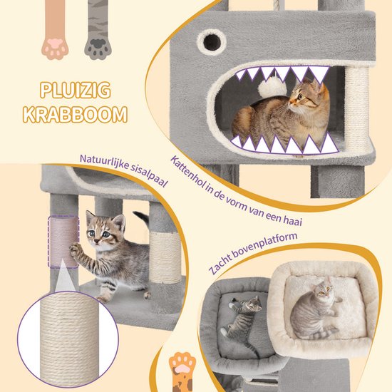 Grijze kattenkrabpaal met een kattenhol in de vorm van een haai, sisalpaal en zacht bovenplatform met katten.