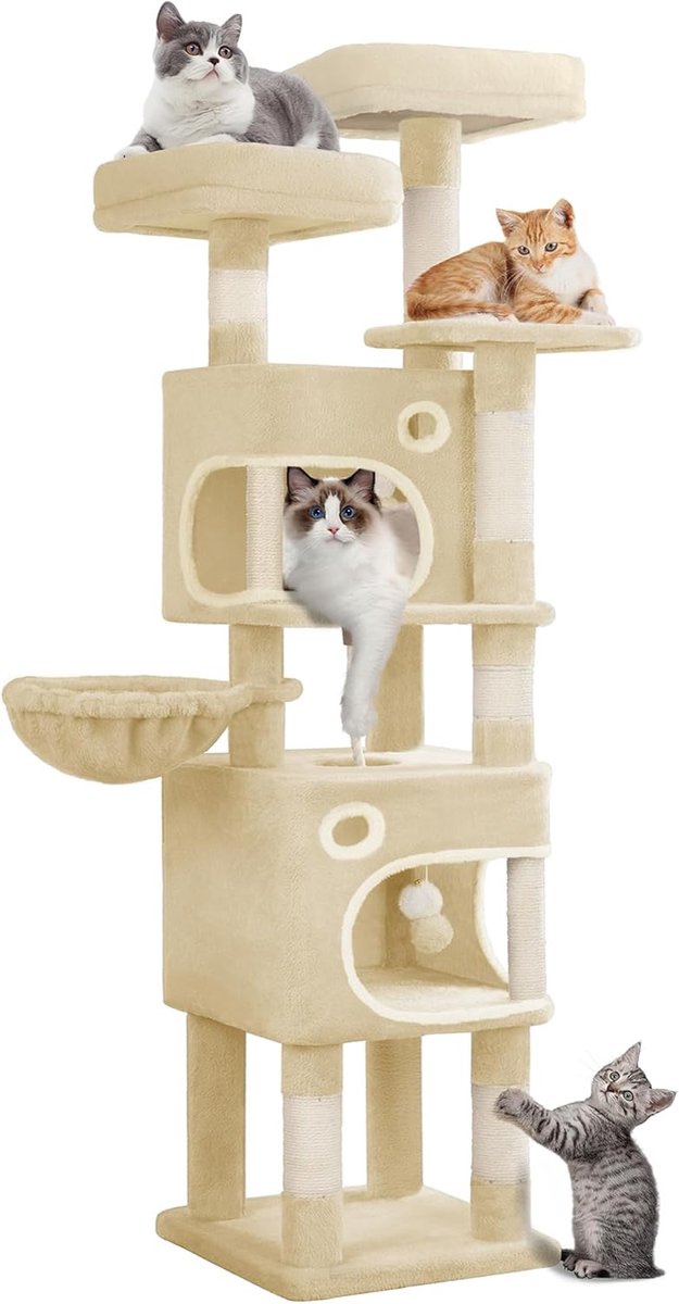 Hzuaneri Kat Krabpaal, 159 cm Hoge Kattenboom, met 7 Laag Multi Functie Speelplaats voor Katten, Dubbele Holtes, en Drie Uitzicht Platforms, Geschikt voor Meerdere Katten, Beige
