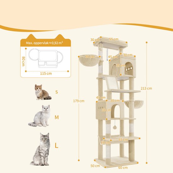 Grote beige kattenboom, 213 cm hoog, met meerdere verdiepingen, ballen, manden, holen en krabpalen.
