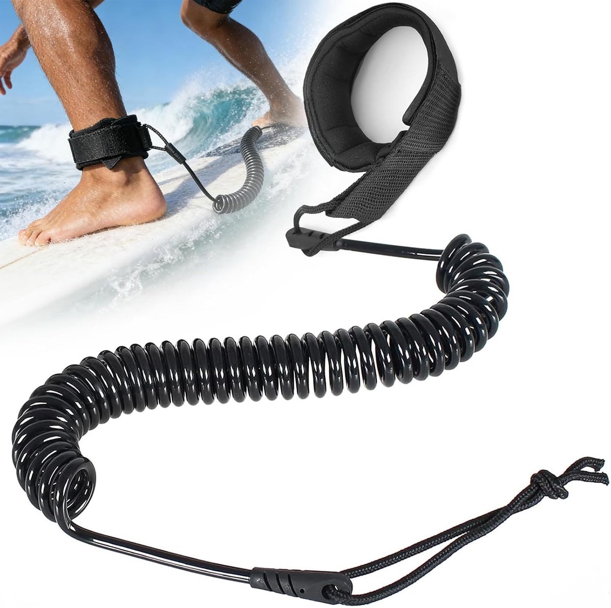 Bobypet - Leash Spiraal - Enkelband voor Stand Up Paddl Board en Surfboard - 5 mm TPU - Met Quick Release en RVS Swivels - 110g Ultralicht - Zwart