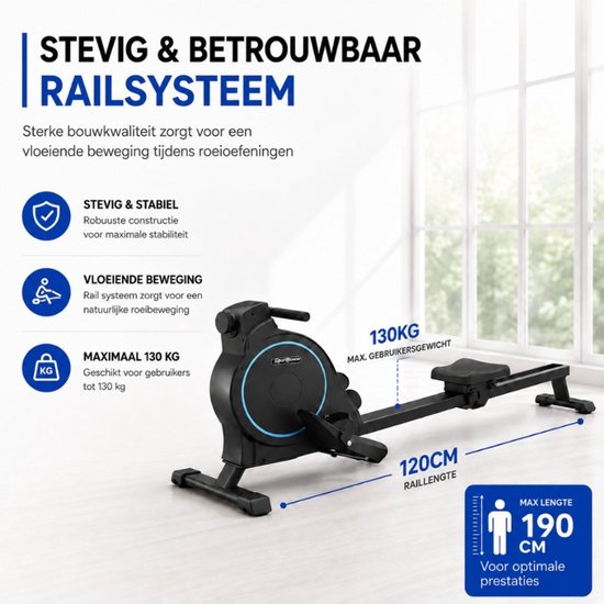 Zwarte roeitrainer met een rail van 120cm en een maximale belastbaarheid van 130kg.