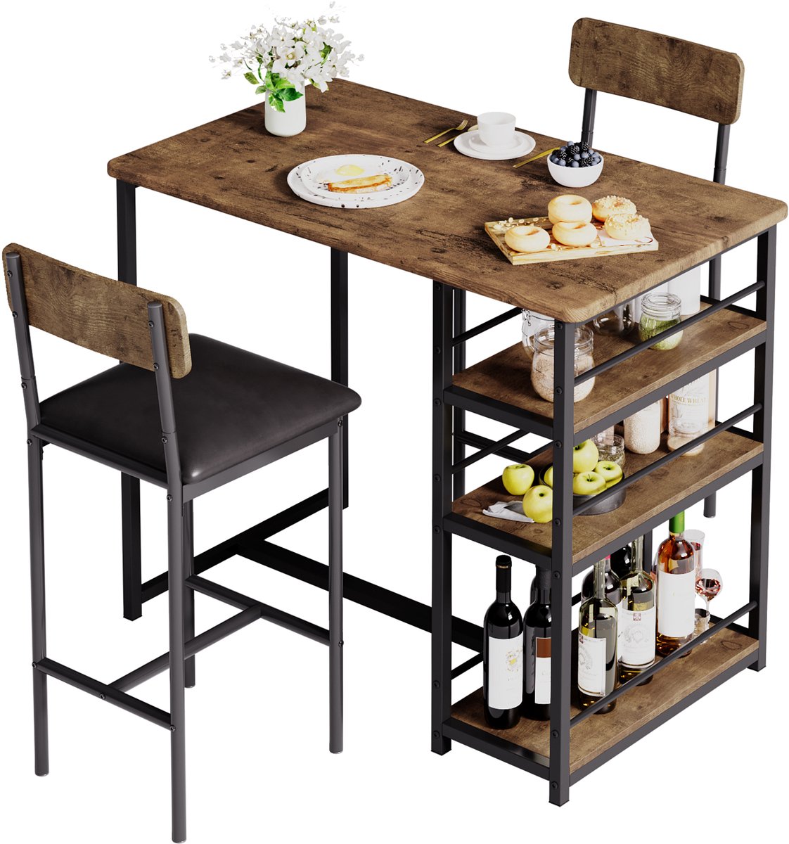 3-delig Eettafel Set - 91x50x91cm - Bartafel met Opbergrekken - 2 Beklede Stoelen met Rugleuning - Compact voor Restaurant Appartement of Bistro - Bruin