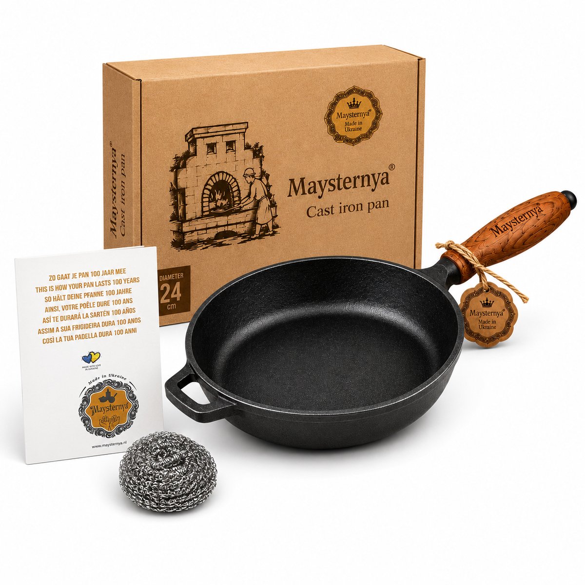 MAYSTERNYA Gietijzeren Koekenpan - ø 24 x 6 cm - Geschikt Voor Inductie - Houten Handvat - Pannen - BBQ - Pannenset - Barbecue - Keuken Cadeau - Cadeaupakket Geschenk - Cadeau - Steelpan - Zwart