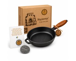 MAYSTERNYA Gietijzeren Koekenpan - ø 24 x 6 cm - Geschikt Voor Inductie - Houten Handvat - Pannen - BBQ - Pannenset - Barbecue - Keuken Cadeau - Cadeaupakket Geschenk - Cadeau - Steelpan - Zwart