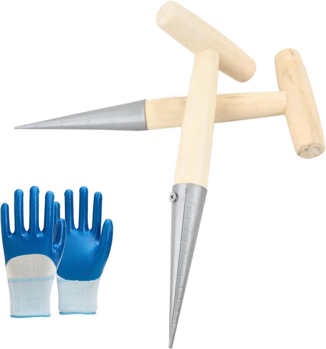 Set van 2 Bloembollen Plantgereedschap met Kalibratie, Aardappelplantset en Sproeier voor Tuinieren, RVS en Houten Handvat