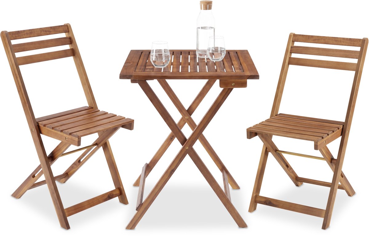 tectake® Houten Bistroset voor 2 Personen - 60 x 60 x 74,5 cm - Weerbestendig Acaciahout - Opvouwbaar - Inklapbaar - Tuinset met Bistrotafel en Bistrostoelen - Tuintafel - Tuinstoelen - Tafel en Stoelen set voor Balkon, Camping & Terras
