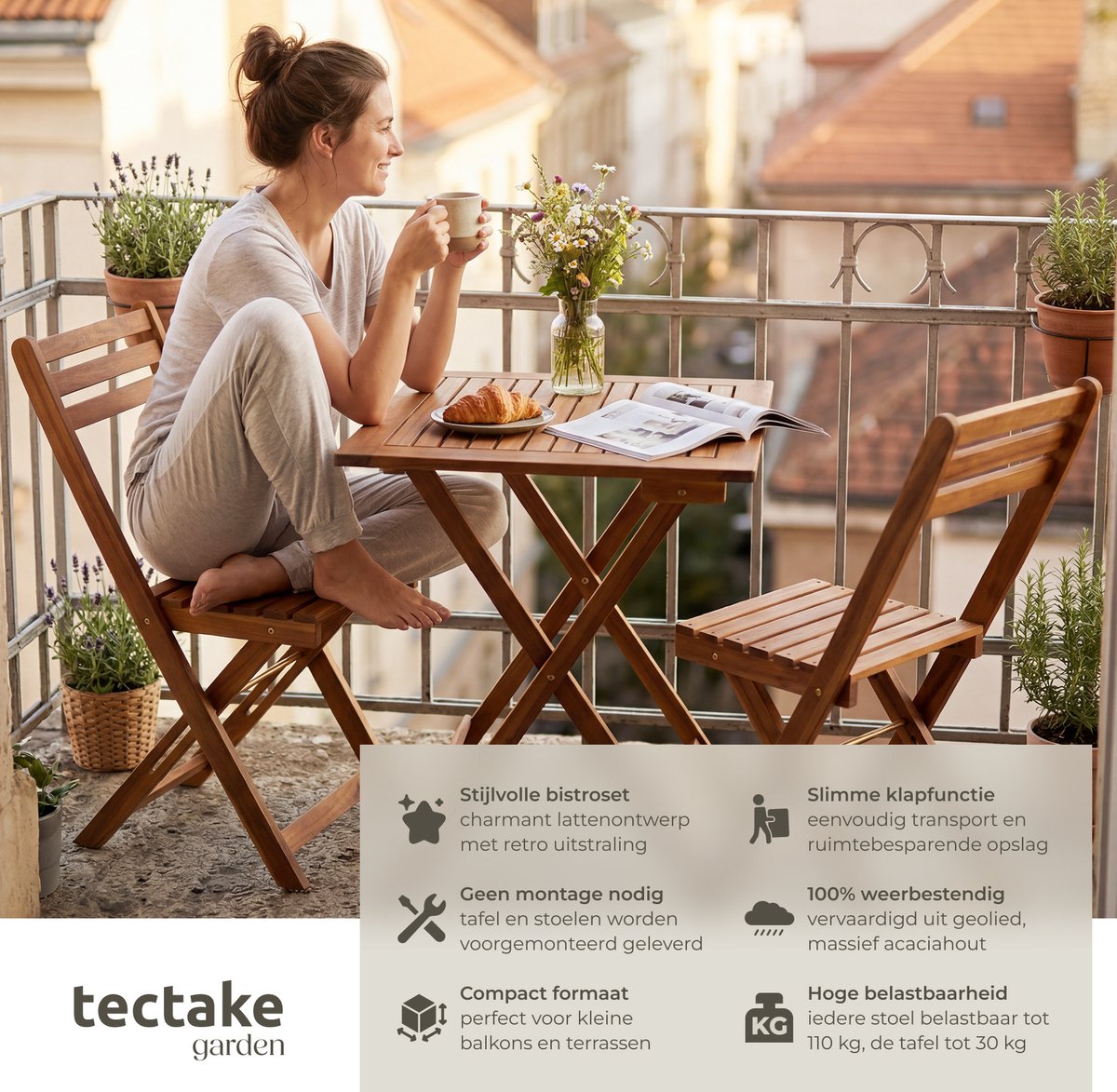 tectake® Houten Bistroset voor 2 Personen - 60 x 60 x 74,5 cm - Weerbestendig Acaciahout - Opvouwbaar - Inklapbaar - Tuinset met Bistrotafel en Bistrostoelen - Tuintafel - Tuinstoelen - Tafel en Stoelen set voor Balkon, Camping & Terras – foto 2