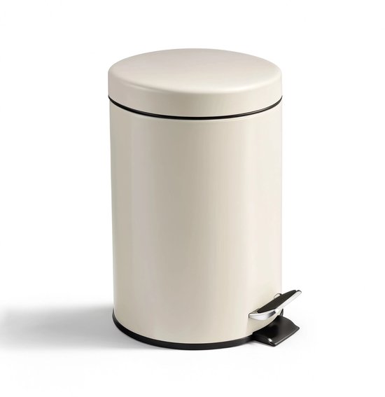 Beige ronde prullenbak met zwarte rand en een metalen voetpedaal.