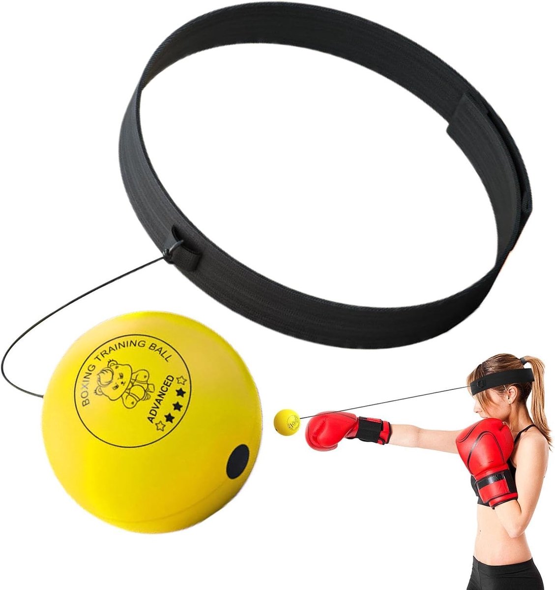 Boks Reflexbal - Reactiebal Training - Hand Oog Coördinatie - Verstelbare Hoofdband - 3 Maten Ballen - Geel