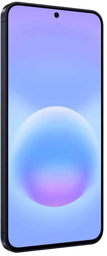 Smartphone met zwart frame en een paarsblauw scherm met een bol.