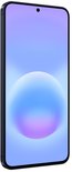 Smartphone met zwart frame en een paarsblauw scherm met een bol.