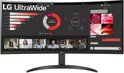 Een gebogen LG UltraWide monitor die een online vergadering met vijf deelnemers toont. Links staan grafieken en statistieken.