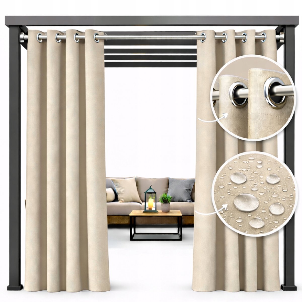 NOW-ART Merkloze Waterdichte Tuindoek Gordijn 155x220cm Beige met Ringen