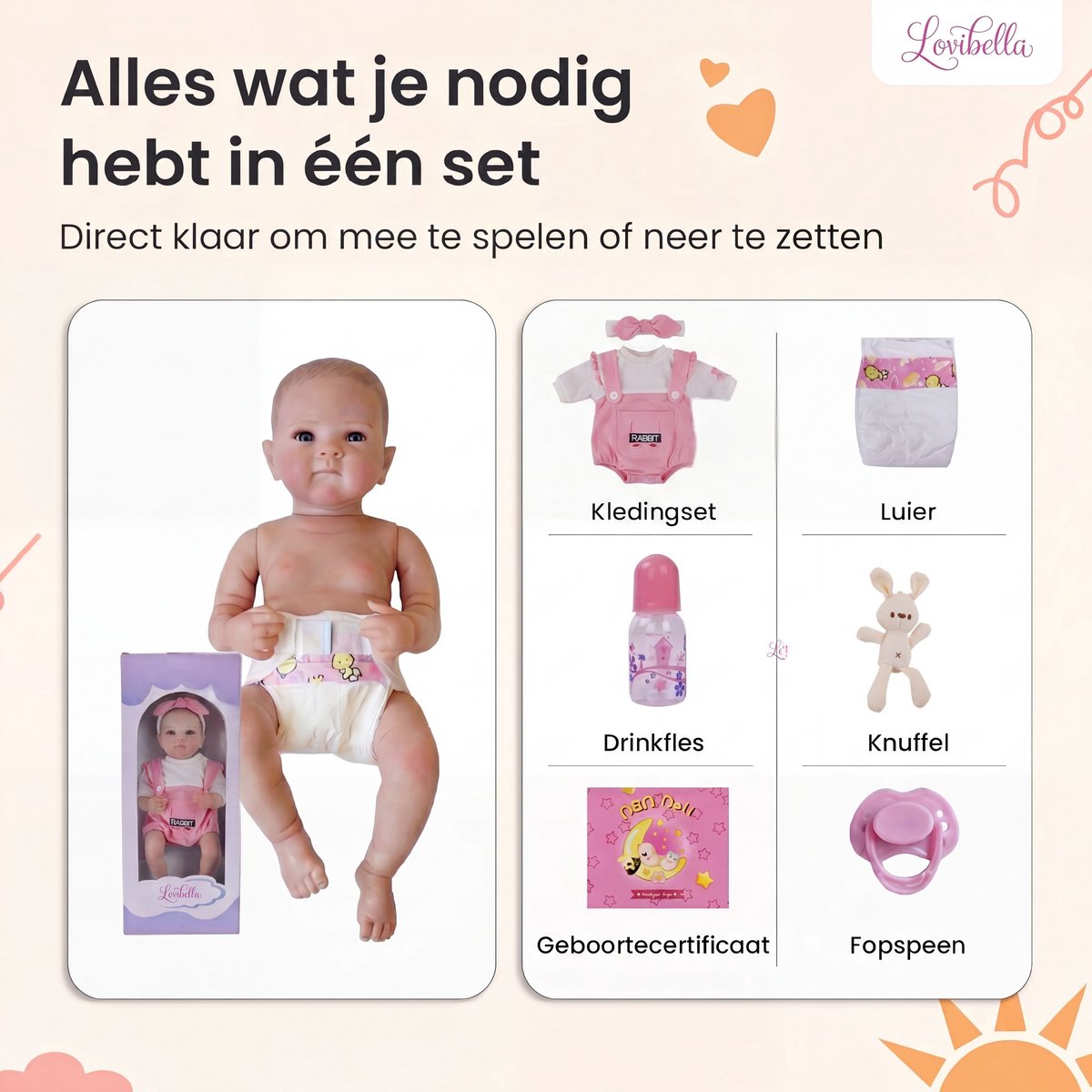 Lovibella® Lieve Levensechte Babypoppen - 1,1 Kilo - 45 CM - Reborn Baby Pop - met Accessoires - Reborn Baby - Reborn Baby Doll - Dementie Pop - Reborn Poppen Meisje - — afbeelding 5