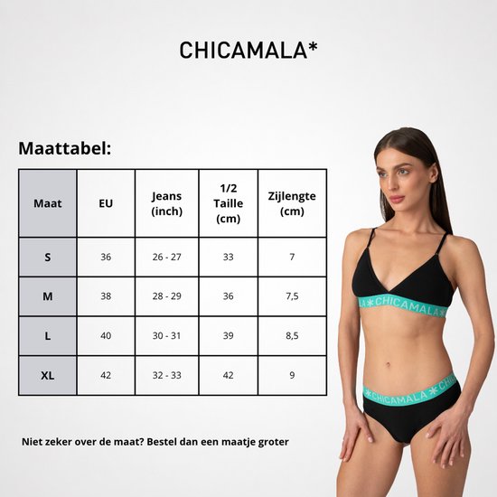 Model met zwarte beha en slip van Chicamala met groene band.
