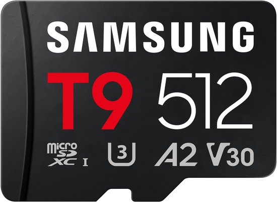 Samsung T9 512GB microSDXC kaart met U3, A2, V30 classificaties op zwarte achtergrond.
