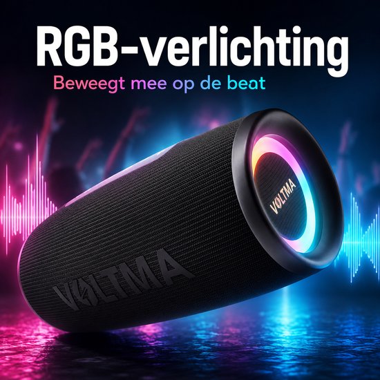 Voltma Melody Bluetooth-luidspreker, 40W draagbare luidspreker, IPX5 waterdicht met RGB-verlichting, 360° surround sound, tot 40uur speeltijd, compatibel met smartphones, pc, inclusief TF-kaartsleuf, Aux, USB C en USB A-sleuf van Voltma — afbeelding 3