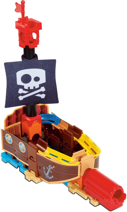 Een gedetailleerde VTech piratenschip speelset met vlaggen en een kanon.