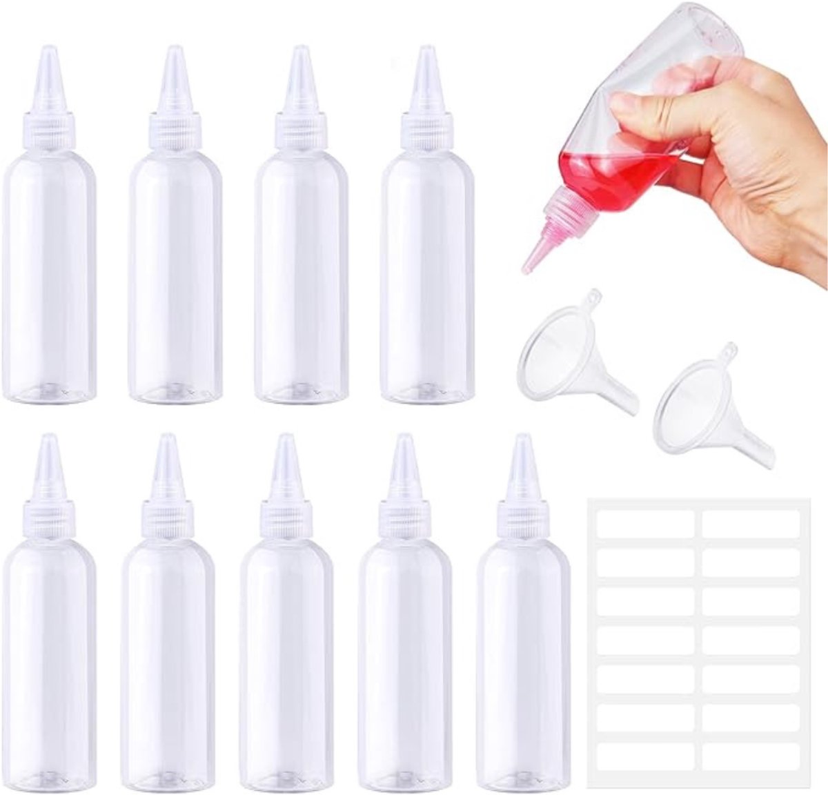 Verte Squeeze Bottle - Knijpfles - Lege Knijpfles - Plastic Flessen om te Vullen - Kleine Sausflesjes met Dopjes - Trechters - Etiketten voor Sauzen - Verf en Oliën - 10 Stuks - 100 mL