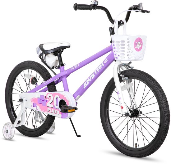 Paarse Joystar Pluto kinderfiets, 20 inch, met mandje, drinkfles, zijwieltjes, bel, handrem.