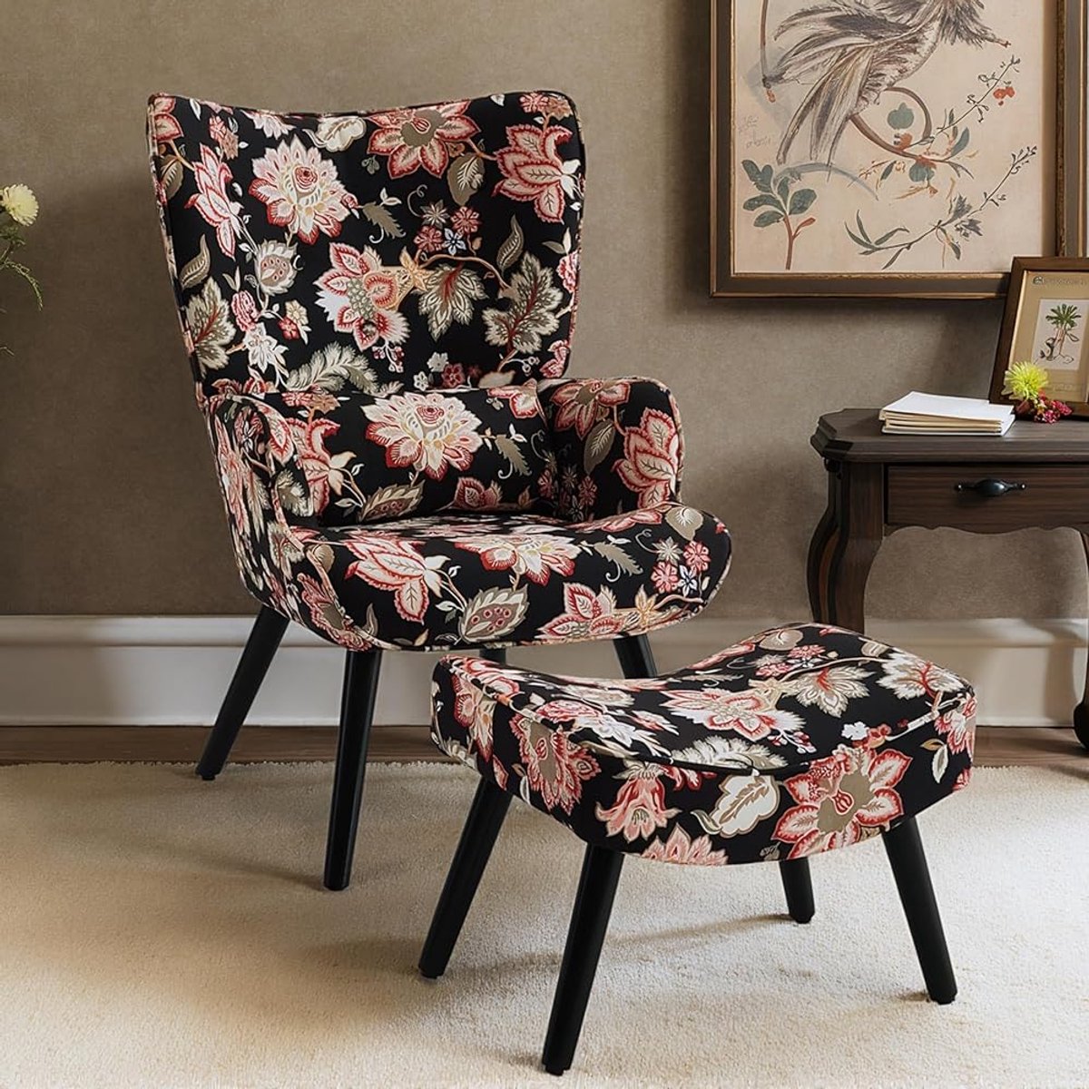 HomeMiYN Fauteuil met Voetenbank – Eénpersoons Loungestoel in Linnenlook Zwart met Rode Bloemen – Comfortabele Relax Stoel met Hocker – Vintage Design Stoel voor Woonkamer en Slaapkamer