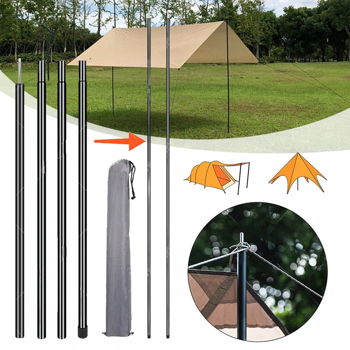 Telescopische Verstelbare Tentstok - Staal 50-200 cm - Glad Oppervlak Antislipvoetjes - 4 Delen 16 mm Diameter - Voor Luifel Overkapping Zeil En Schaduwdoek - Zwart