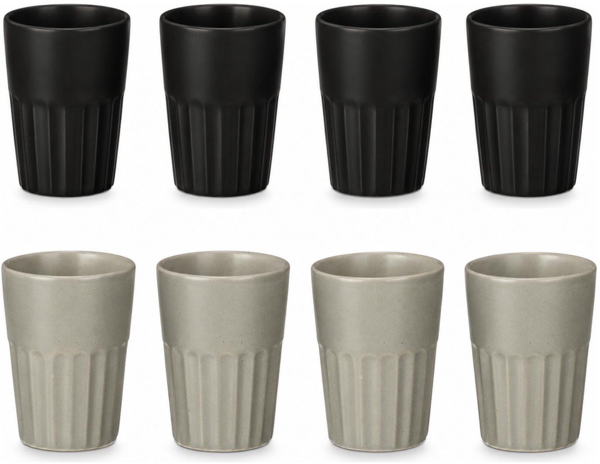 Vessia Design koffiemokken set - 8x - zwart/grijs - zonder oor - keramiek - 300 ml