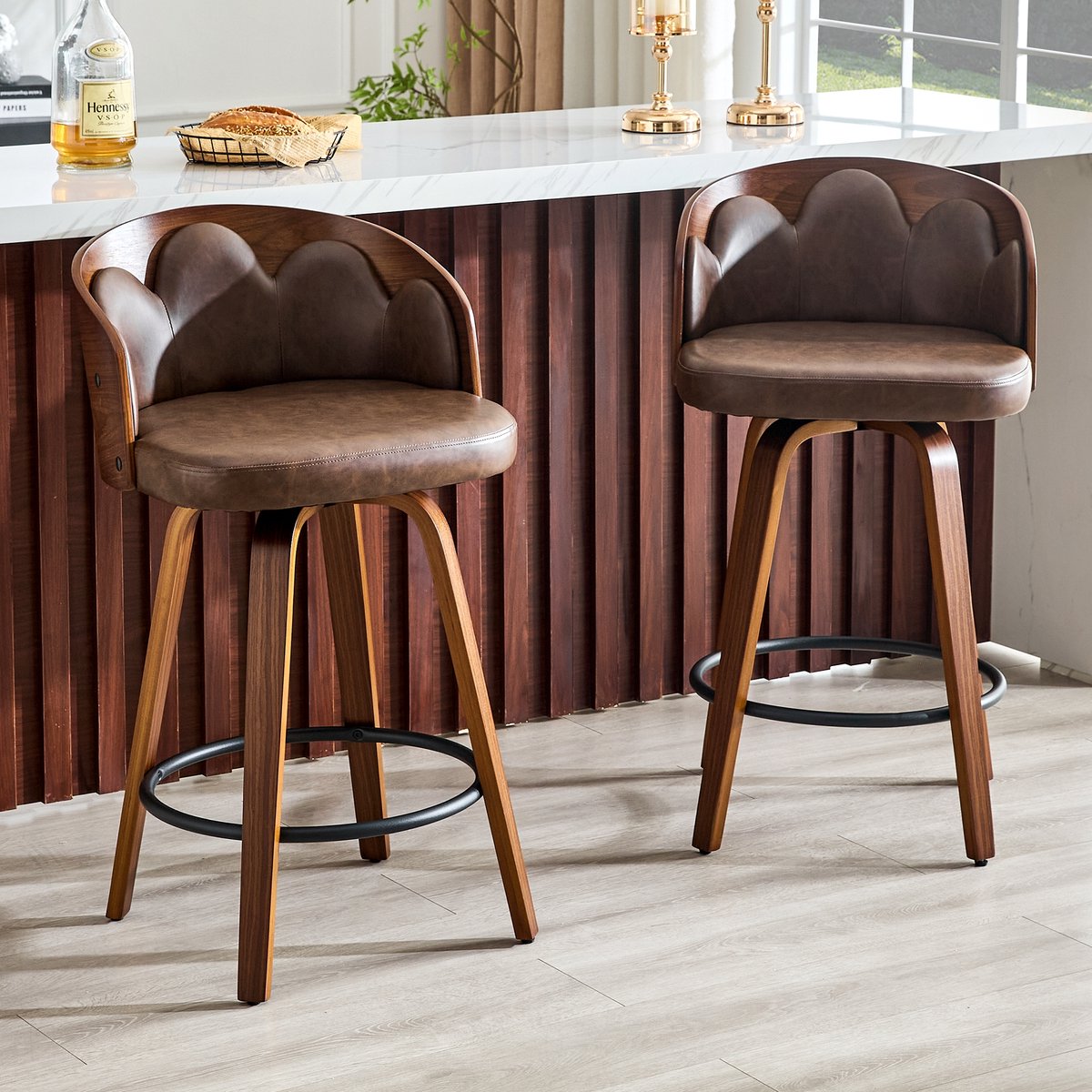 KOMHTOM - Set van 2 barkrukken - Rugleuning met bloemmotief - Gebogen hout - PU-leer - Metalen voetsteun - Modern