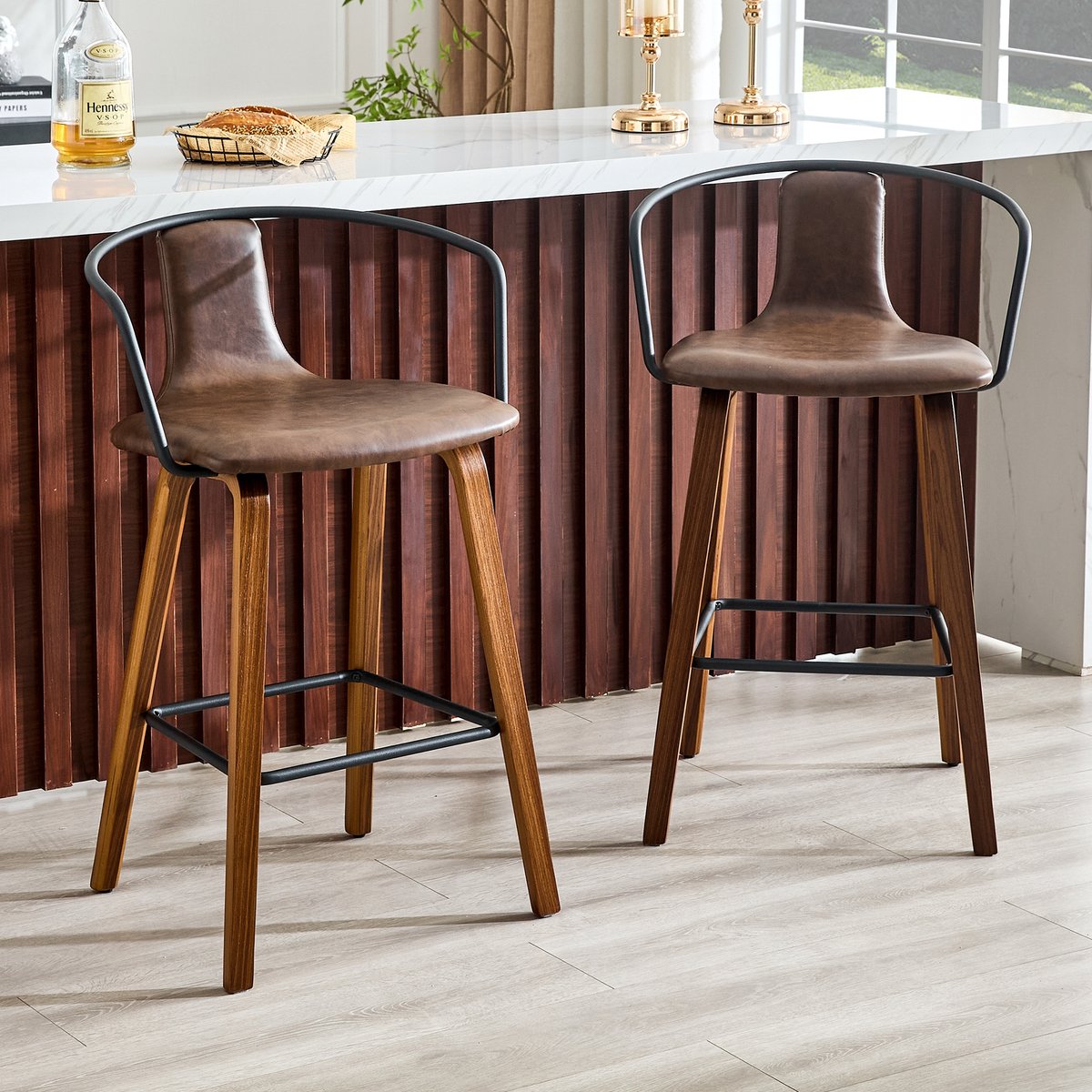 KOMHTOM - Set van 2 barkrukken - Armleuningen - Teddystof/PU-leer - Houten poten - Metalen voetsteun - Moderne Scandinavische stijl