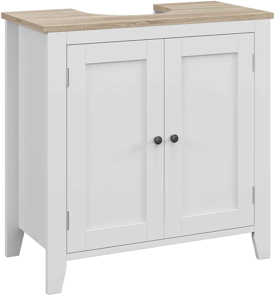 Bruinsma INEX Badkamer Onderkast - Onderkast Voor Wastafel – Badkamerkast Met 2 Deuren - U-vormige Uitsparing en Houtlook Bovenblad – 60LX30BX60H CM - Wit/Eiken