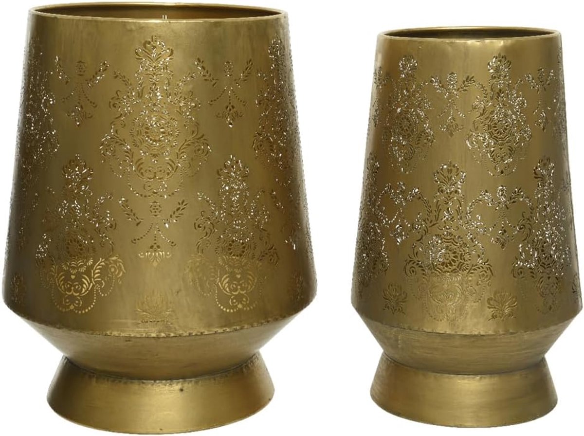 Windlicht Messing - Decoratieve Lantaarn - Sfeerverlichting Buiten - Indiase Vintage Stijl - 34.5cm - Goud