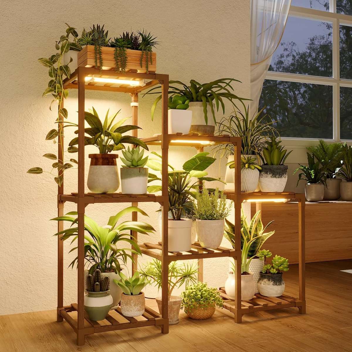 Famanu – Bloemenstandaard met kweeklamp, 3 niveaus ladderstandaard voor meerdere potten, decoratie voor woonkamer en binnen tuin