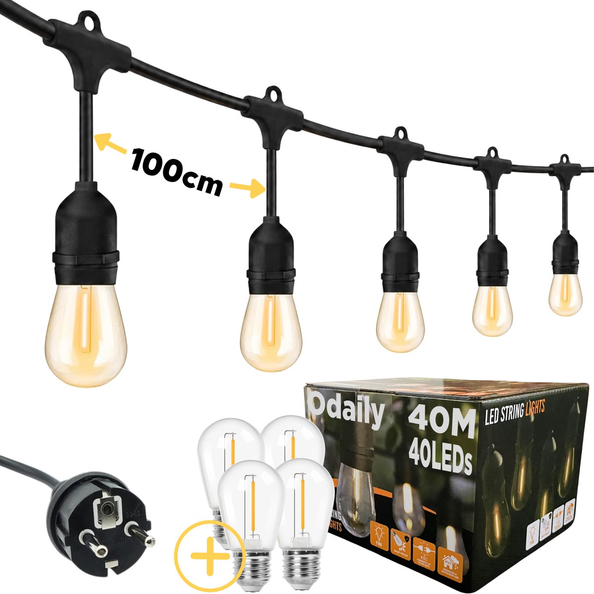 Odaily Lichtsnoer voor Buiten - 40 Meter - 40 LED Lampen - Warm Wit Licht - Professionele Kwaliteit