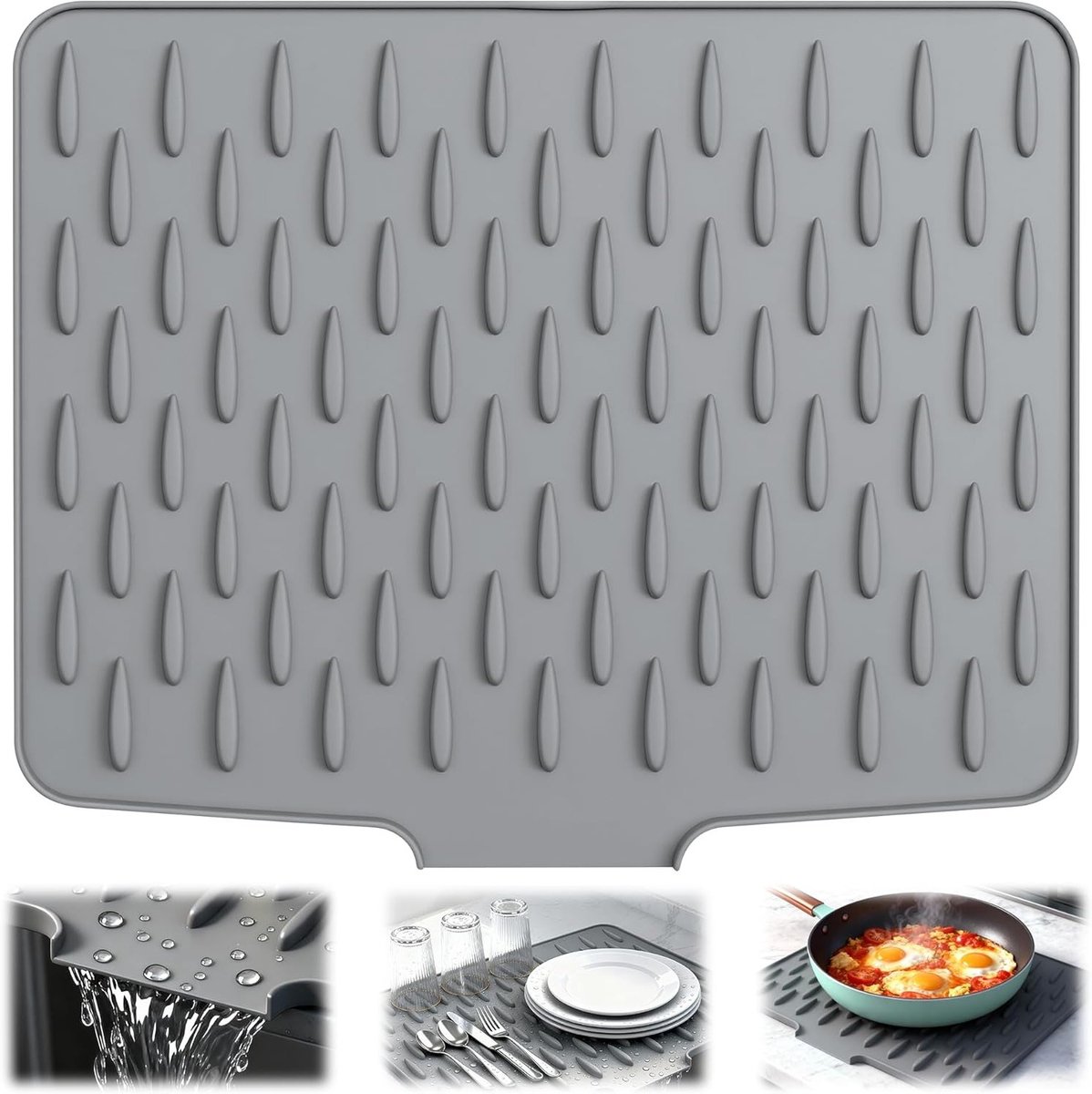 Siliconen Afvoer Mat voor Droogruimte, Antislip Afwasrek en Warmtebestendige Bescherming voor Keuken, Werkblad en Koelkast (40 x 32 cm, Grijs)