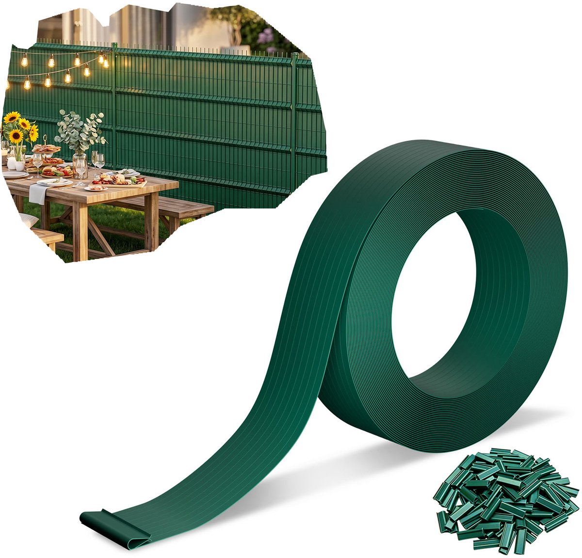 Froadp Groen 315 m premium PVC-privacystroken 4,7 cm voor dubbelstaafhekken, weerbestendig, UV-bestendig, scheurvast, ondoorzichtige windscherm voor tuin, balkon en terras, inclusief clips