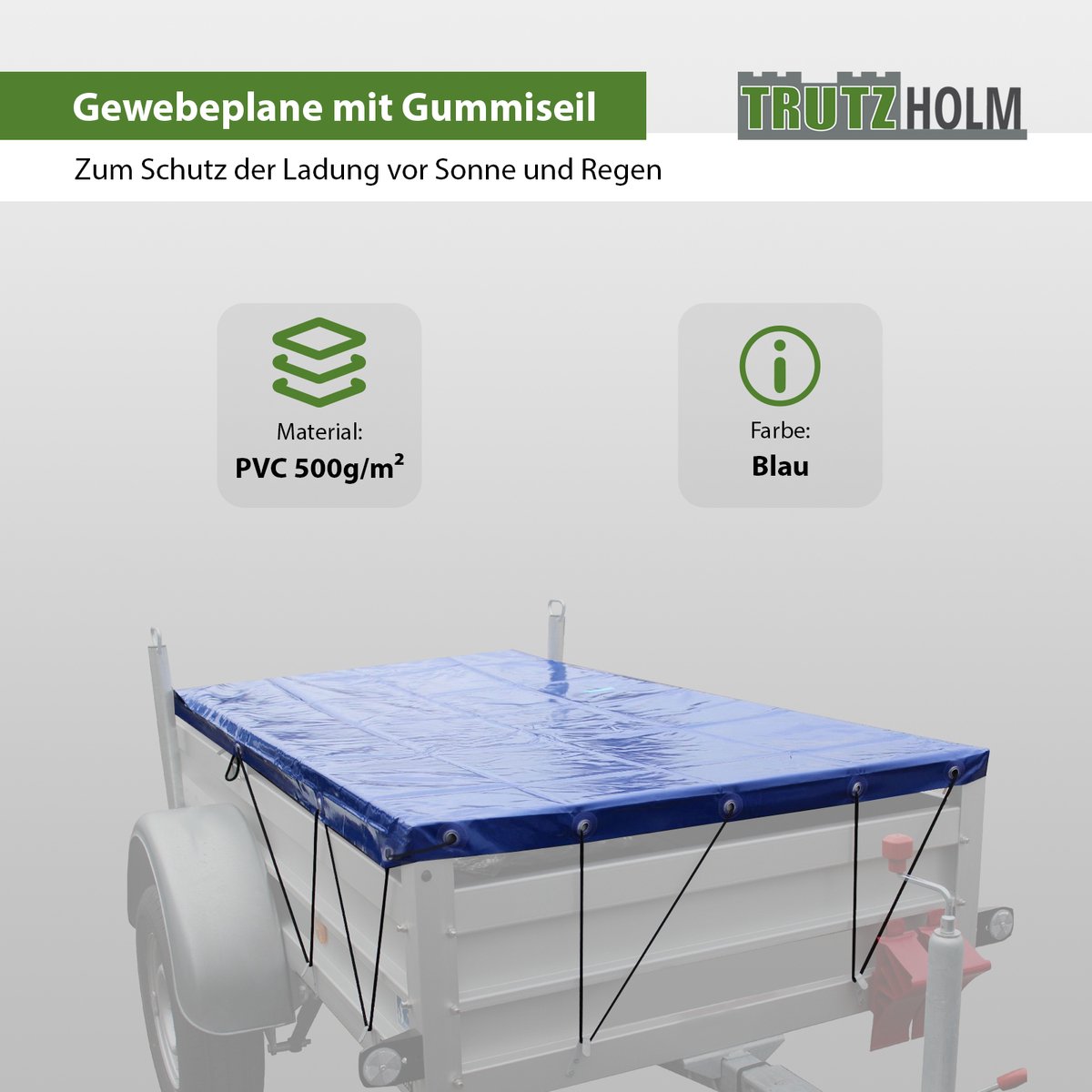 TRUTZHOLM Vlak Dekzeil Blauw 2075x1140 mm - incl. 3 Aluminium Beugels - PVC Vrachtwagenzeil Aanhanger met Rubberen Riem